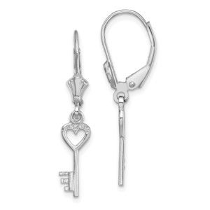 14K White Gold Polished Heart Key Leverback Earrings